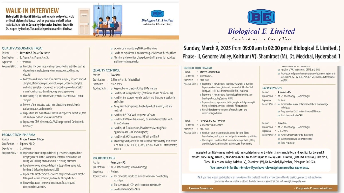 Biological E. Limited – Walk-In Interview for Speciality Injectables Roles