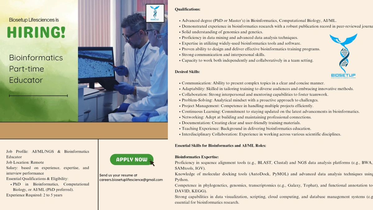 Biosetup Lifesciences Hiring Part-Time Bioinformatics Educator