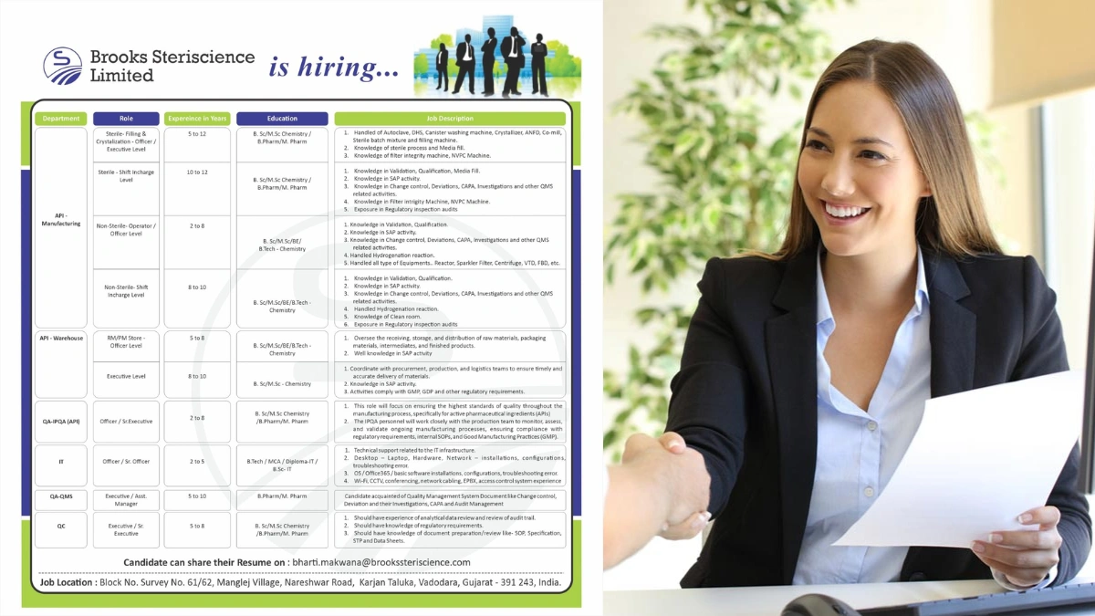 Brooks Steriscience Limited – Hiring for Multiple Roles in Vadodara, Gujarat