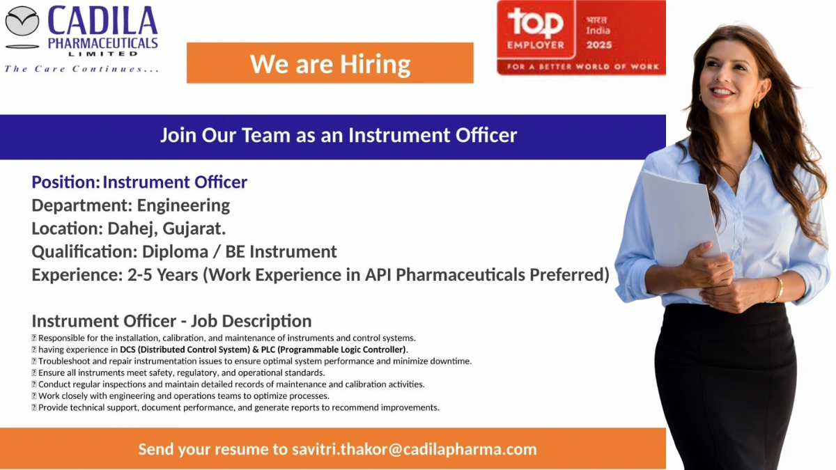 Cadila Pharmaceuticals Is Hiring an Instrument Officer in 2025
