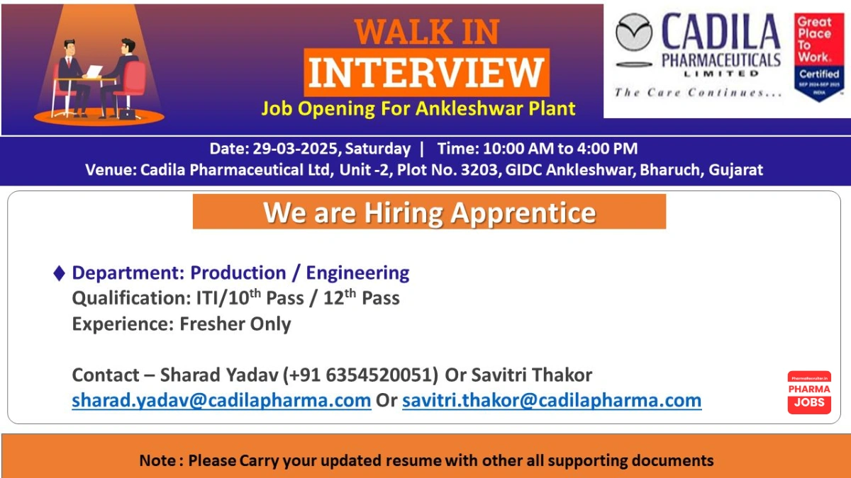 Cadila Pharmaceuticals Limited Walk-In Interview for Apprentice