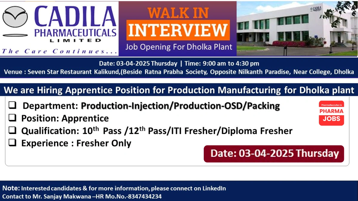 Cadila Pharmaceuticals Limited Walk-In Interview for Apprentices
