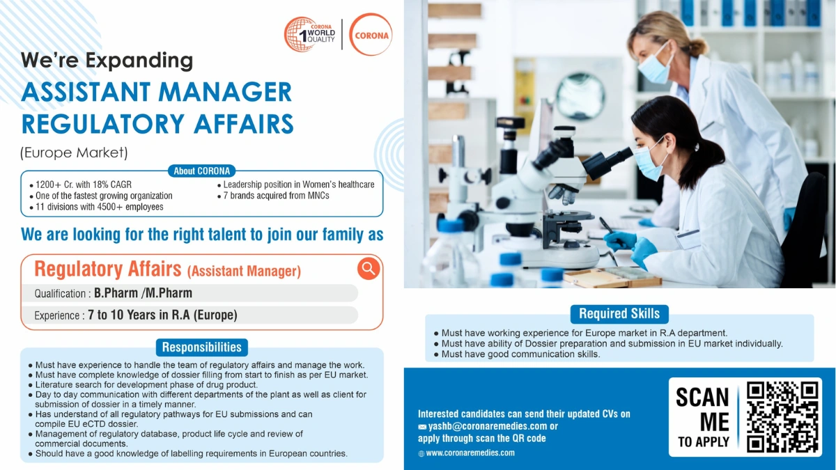Corona Remedies Hiring Assistant Manager - Regulatory Affairs (Europe Market)