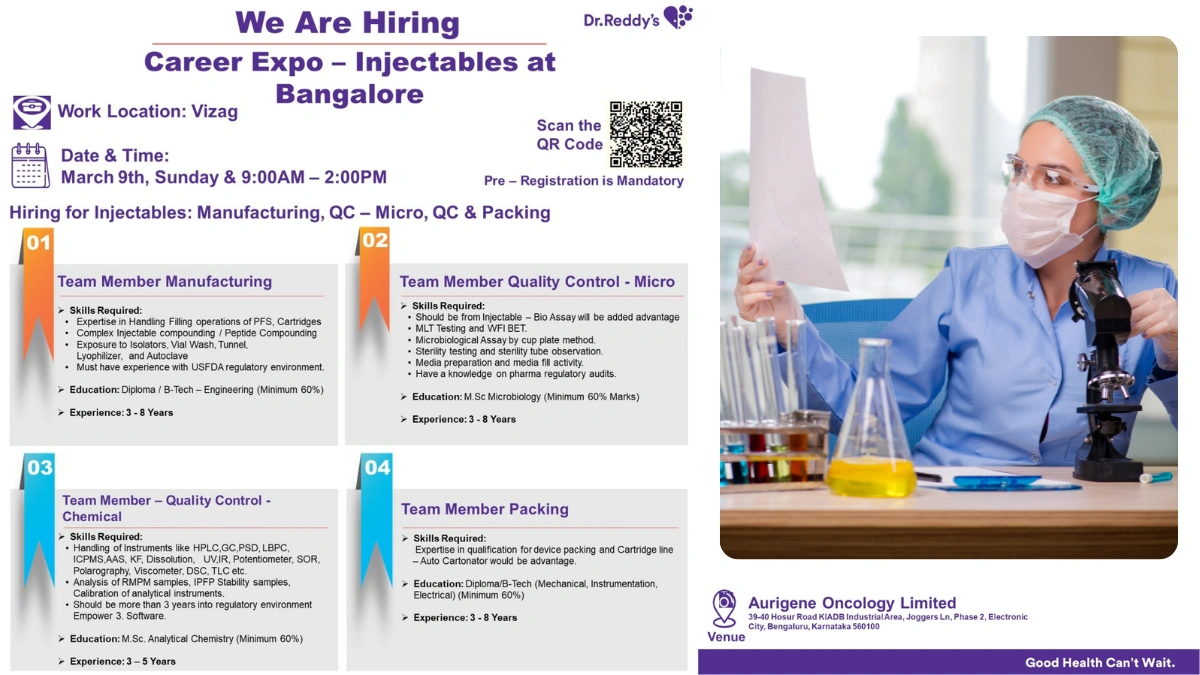 Dr. Reddy’s Laboratory - Walk in Interview for Manufacturing, QC and Packing on 9th March