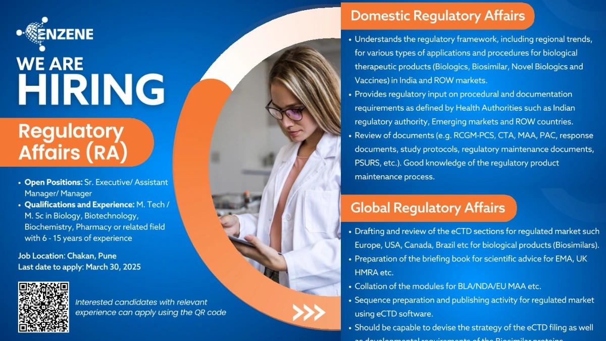 Enzene – Hiring for Regulatory Affairs and Developmental QA Roles in Pune