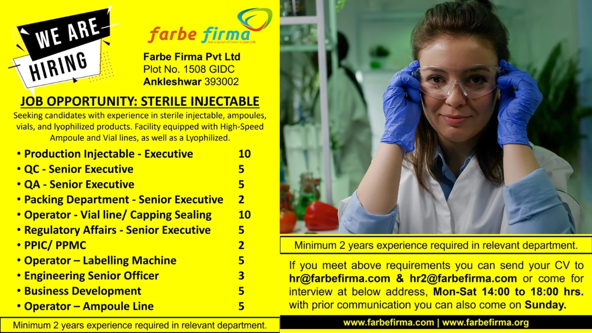 Farbe Firma Hiring for QA, QC, Packing, Regulatory Affairs, Operator, Engineer and More