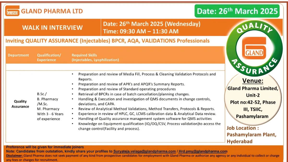 Gland Pharma Ltd Walk-In Interview for Quality Assurance (Injectables)
