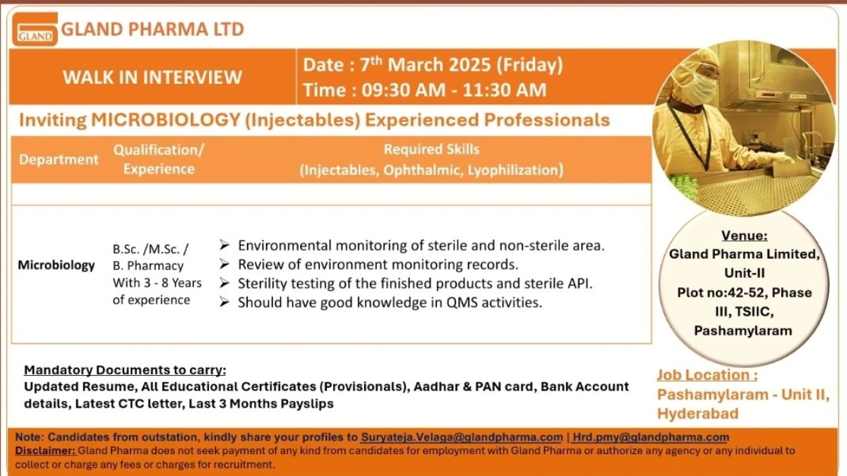 Gland Pharma Ltd Walk-In Interview – Microbiology Professionals om 7th March