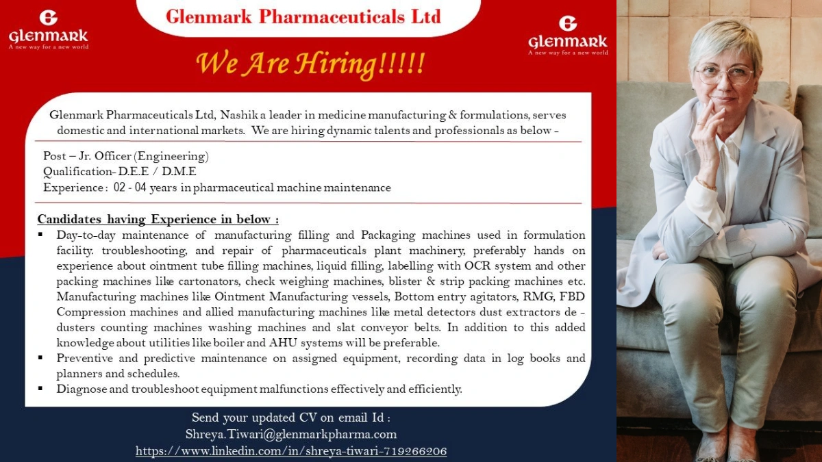 Glenmark Pharmaceuticals Hiring for Junior Officer (Engineering)