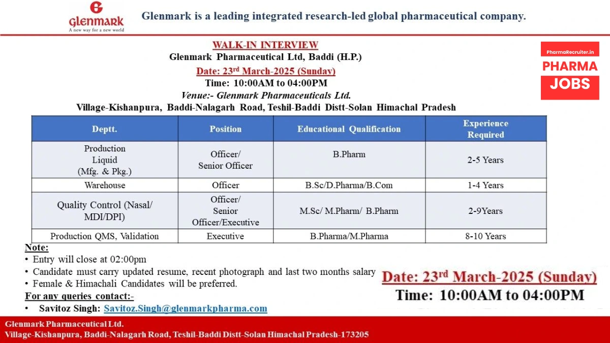 Glenmark Pharmaceuticals Ltd Walk-In Interview for Multiple Positions