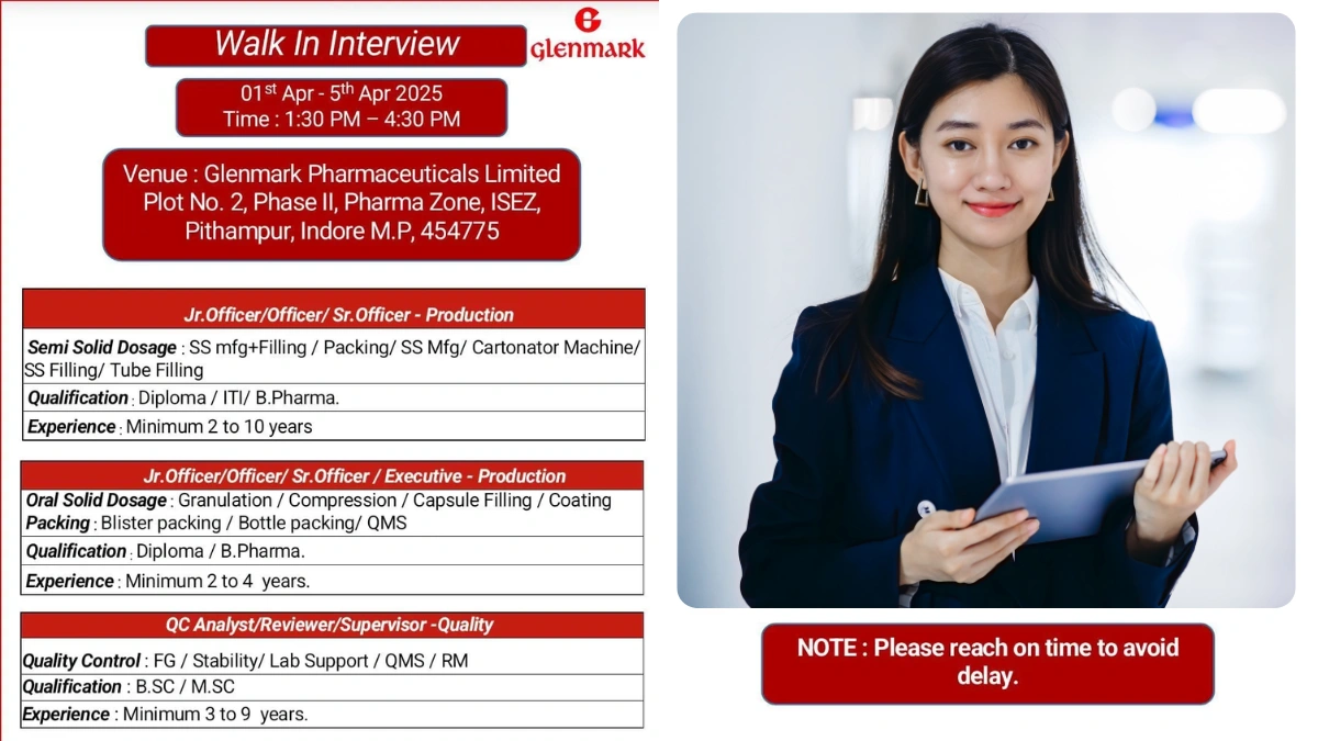 Glenmark Pharmaceuticals – Walk-In Interview for Production & Quality Control Roles in Indore