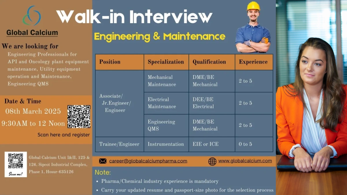 Global Calcium – Walk-In Interviews for Engineering & Maintenance Roles on 8th March