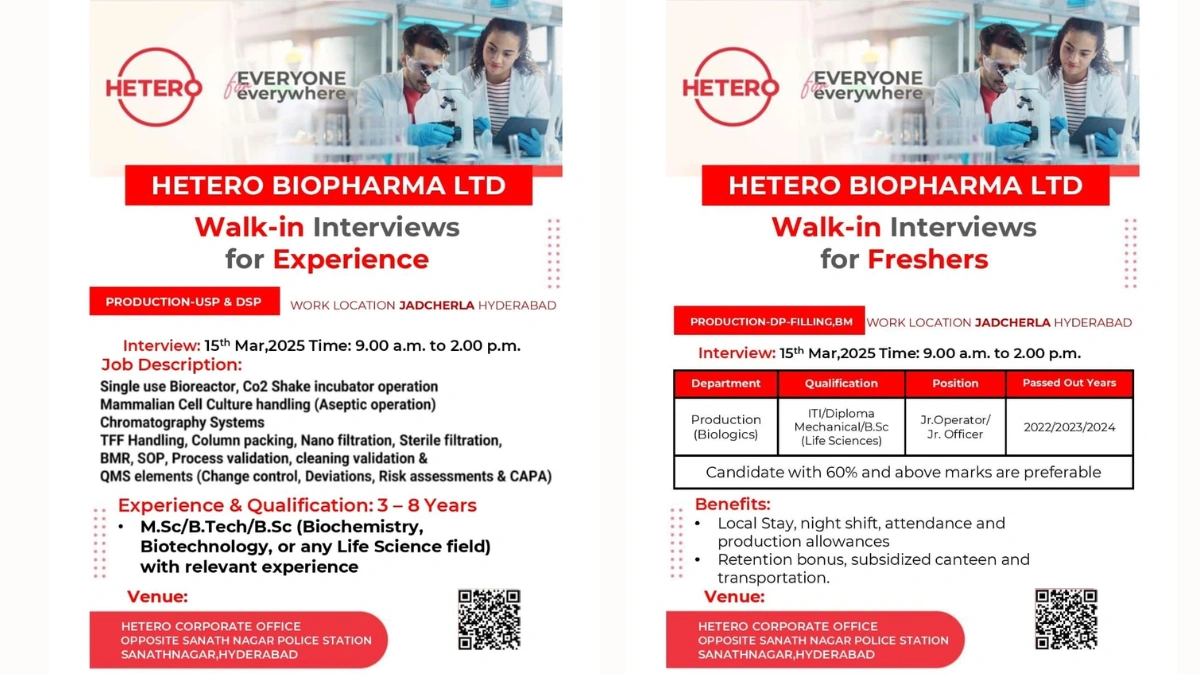Hetero Biopharma Ltd Walk-In Interviews for Freshers and Experienced Roles in Production