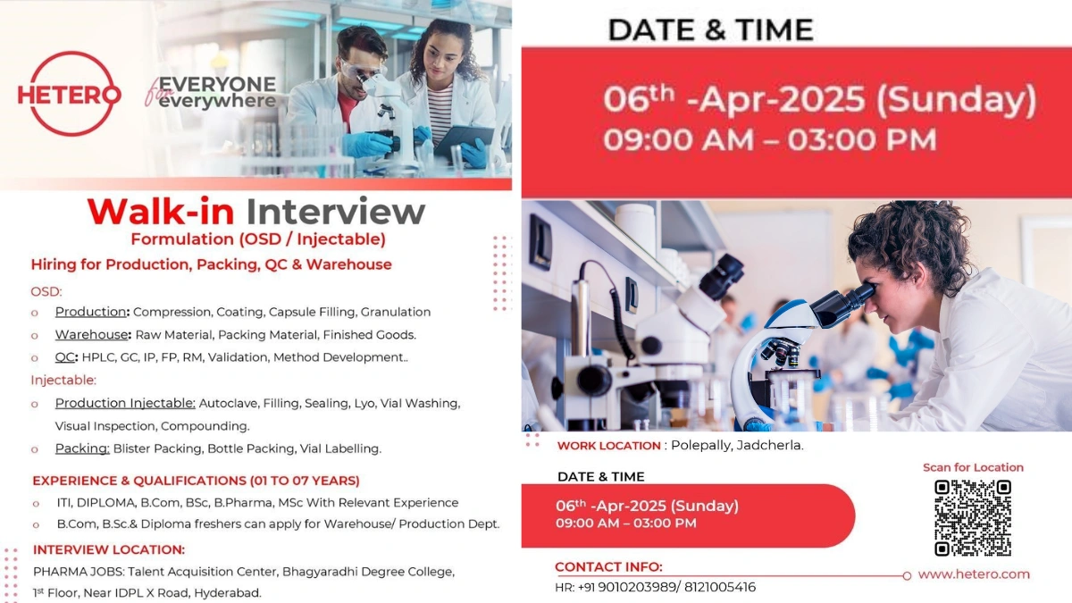 Hetero Walk-In Interview for OSD and Injectable Roles in Production, Warehouse, QC and Packing