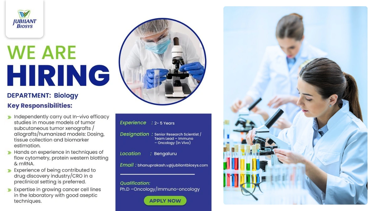 Jubilant Biosys Hiring for Senior Research Scientist & Team Lead – Immuno Oncology