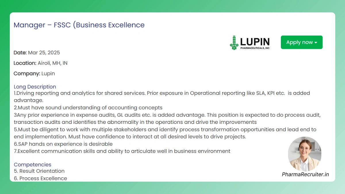 Lupin Is Hiring for Manager – FSSC (Business Excellence)