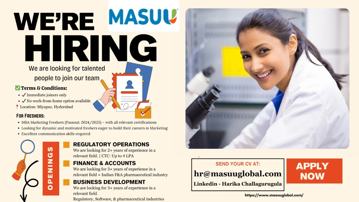 MASU Pharma Regulatory Services Job Openigs for Freshers - Hyderbad