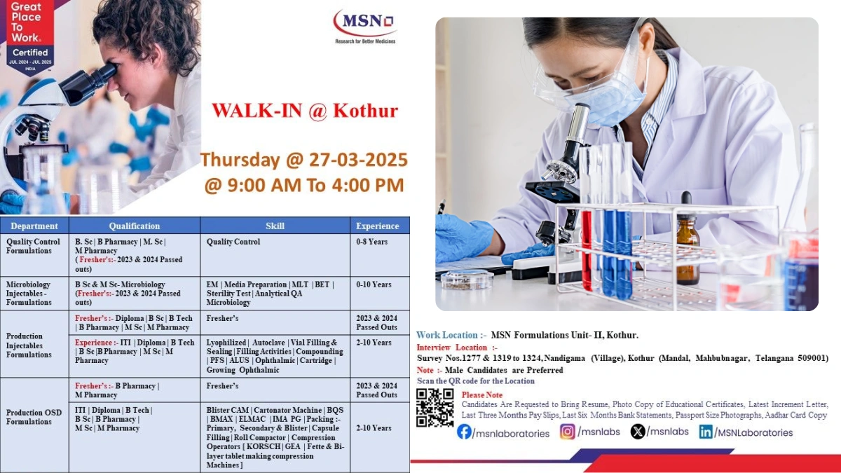 MSN Laboratories Walk-In Interview for Freshers in QC, Microbiology, and Production Roles