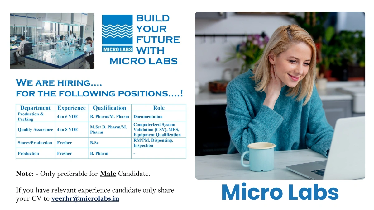Micro Labs is hiring for Production, Packing, and Quality Assurance roles