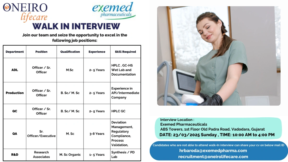 Oneiro (Exemed Lifecare Pharmaceuticals) – Walk-In Interview for Multiple Roles