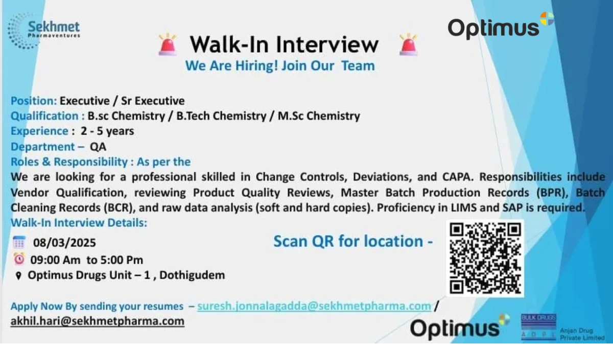 Optimus Drugs – Walk-In Drive for Quality Assurance Roles on 8th March