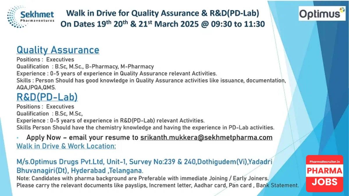 Optimus Drugs – Walk-In Interview for QA and R&D Roles