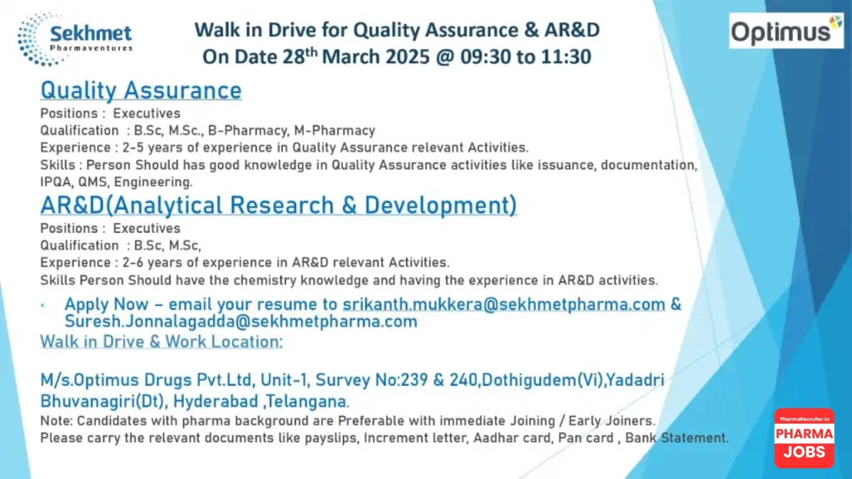Optimus Drugs – Walk-In Interview for Quality Assurance & AR&D Roles