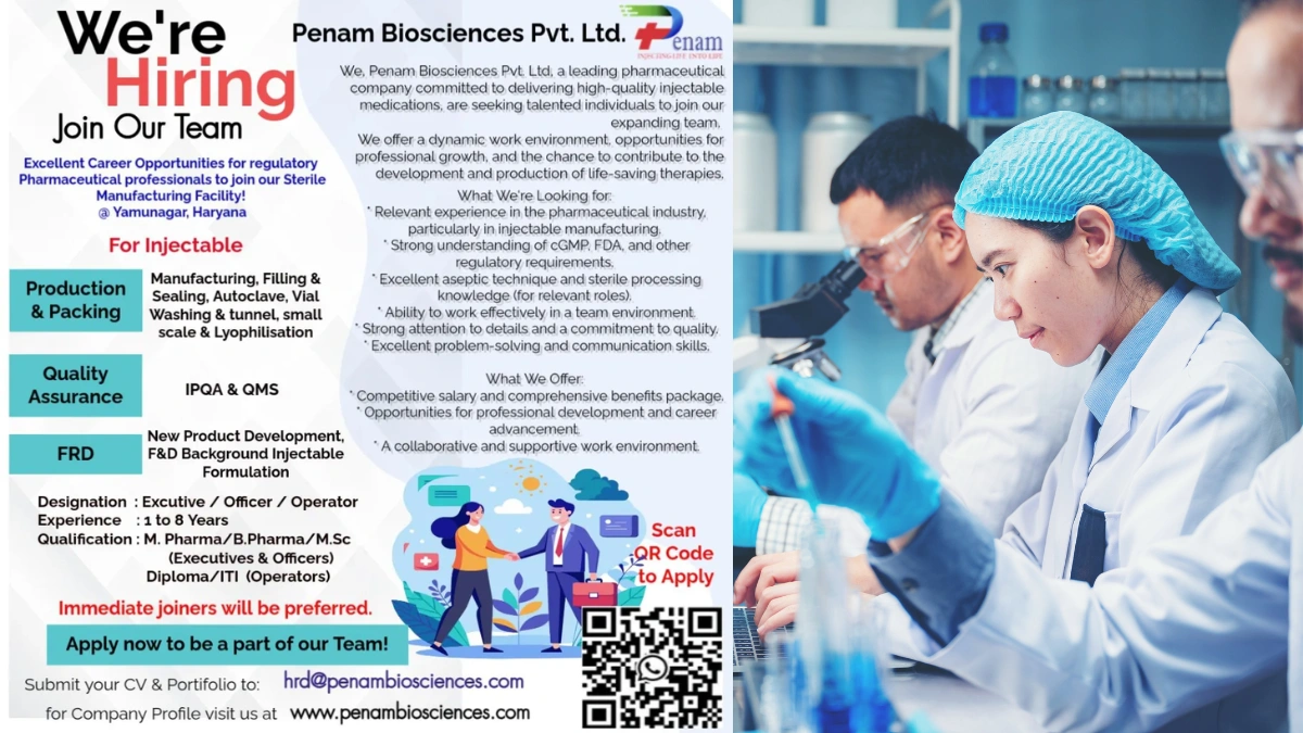 Penam Biosciences – Multiple Job Opportunities in Injectable Pharma (1-3 Years Exp)