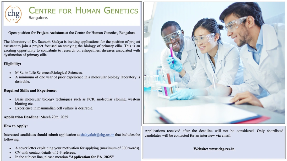 Project Assistant Position at Centre for Human Genetics, Bengaluru