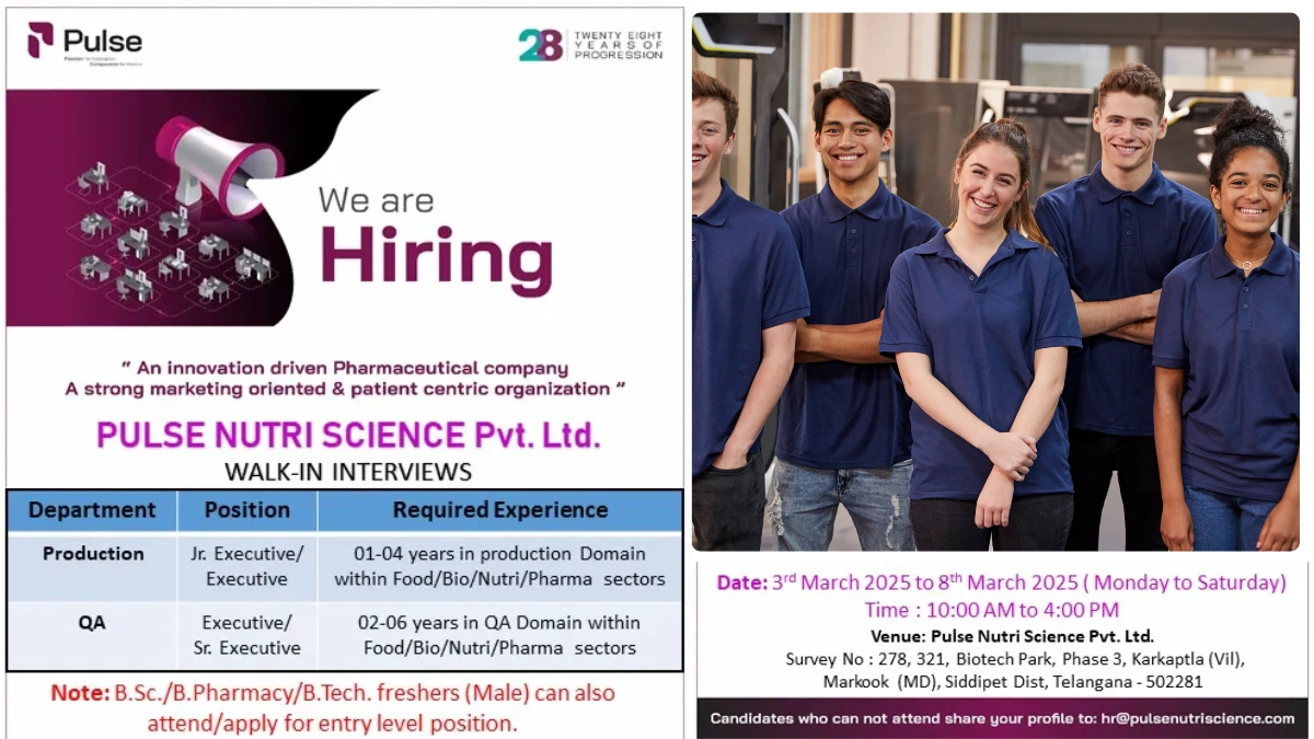 Pulse Nutri Science Walk in Interview for QA & Production (Freshers and Experienced)