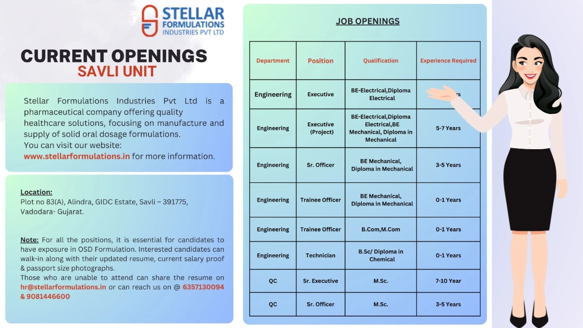 Stellar Formulations – Multiple Vacancies for Freshers & Experienced in Various Departments