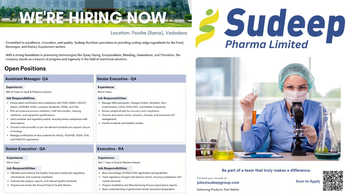 Sudeep Nutrition - Hiring Now for QA and RA Roles in Poicha, Vadodara