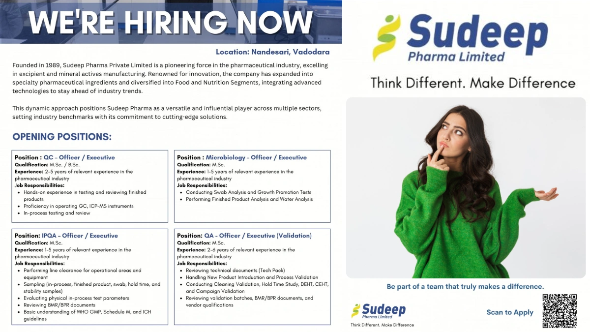 Sudeep Pharma Private Limited – Hiring Now for QA, QC, and Microbiology Roles (Vadodara)