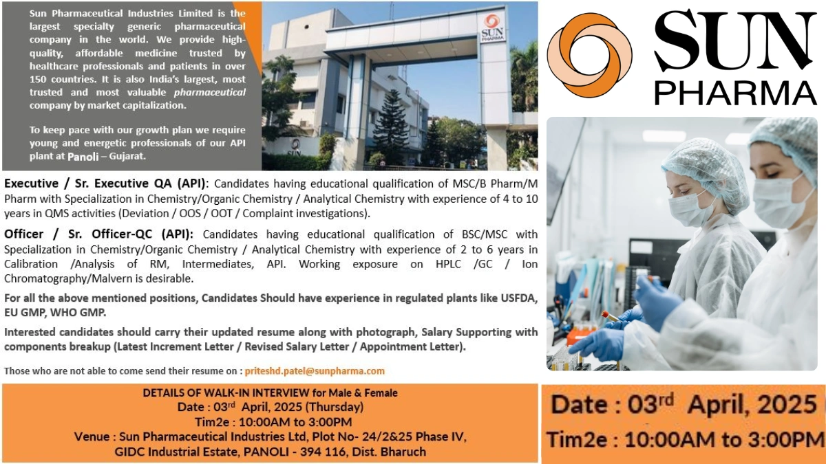 Sun Pharma Hiring 2025 - QA and QC Roles at Panoli API Plant