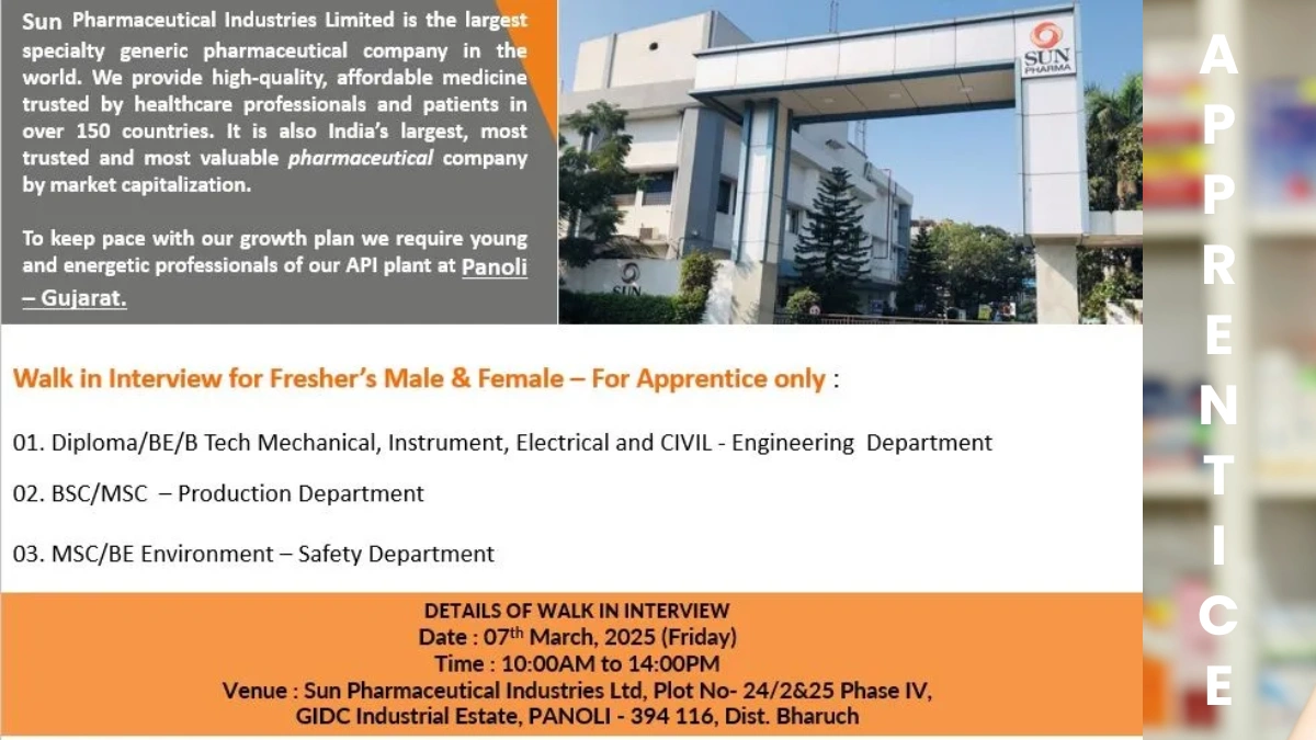 Sun Pharma Walk-In Interview for Freshers on 7th March, 2025