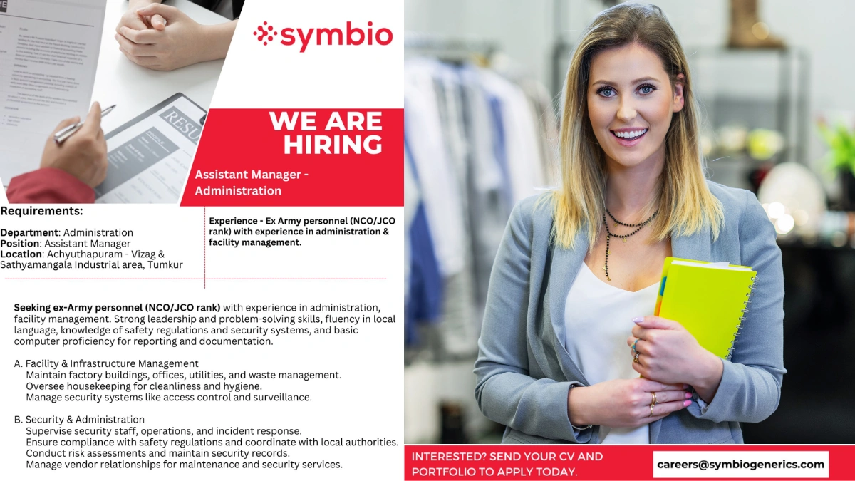 Symbio Generics Hiring Assistant Manager – Administration in Vizag & Tumkur