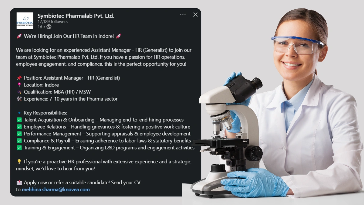 Symbiotec Pharmalab Hiring for Assistant Manager - HR (Generalist) in Indore