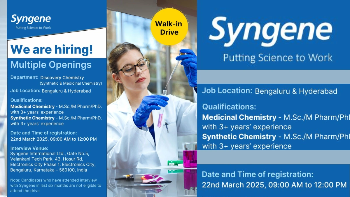Syngene Walk-In Drive for Discovery Chemistry Roles in Bengaluru & Hyderabad