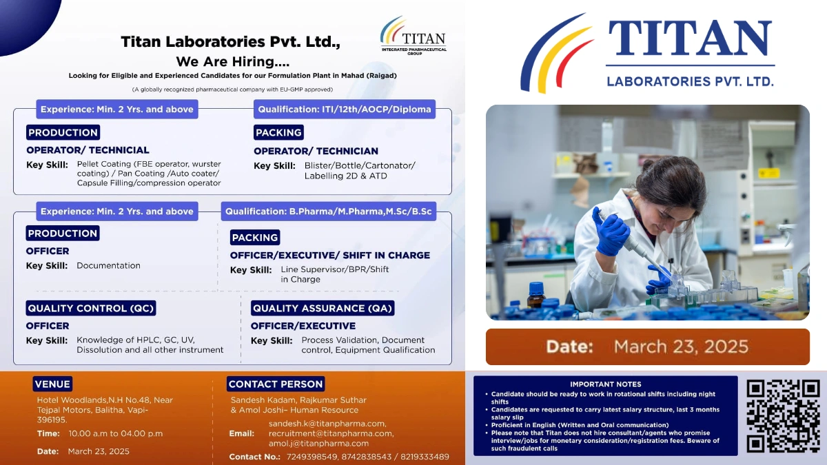 Titan Laboratories Pvt. Ltd. – Walk-In Drive for Multiple Roles