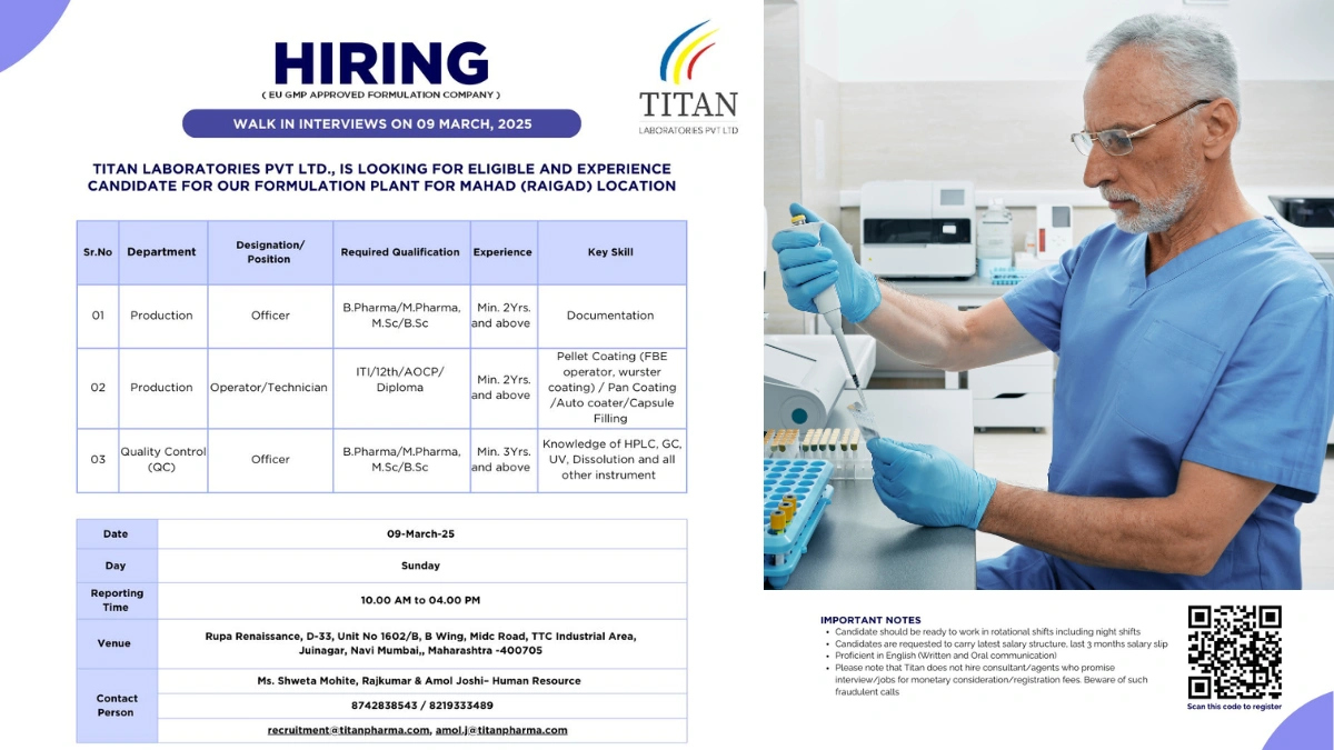 Titan Laboratories Pvt. Ltd. – Walk-In Interviews for Formulation Plant Roles