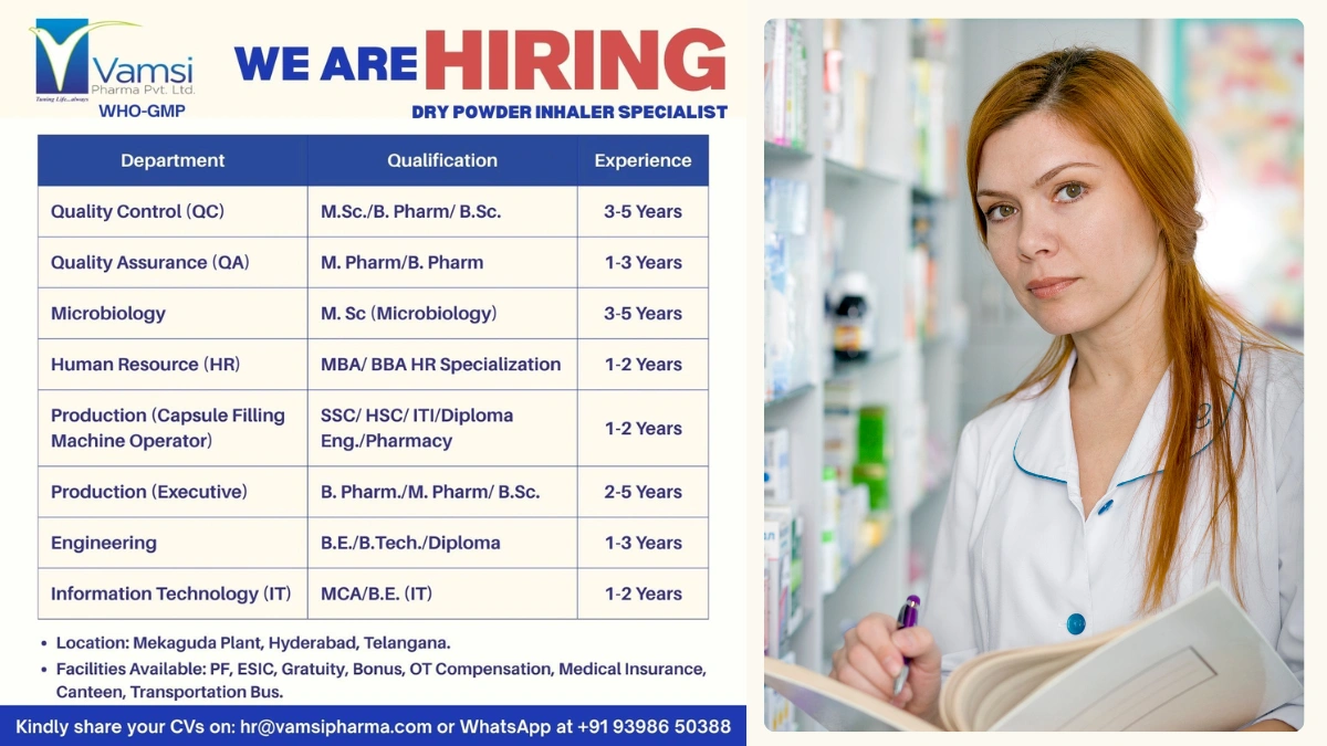 Vamsi Pharma Pvt. Ltd. - Hiring for Multiple Roles in Hyderabad