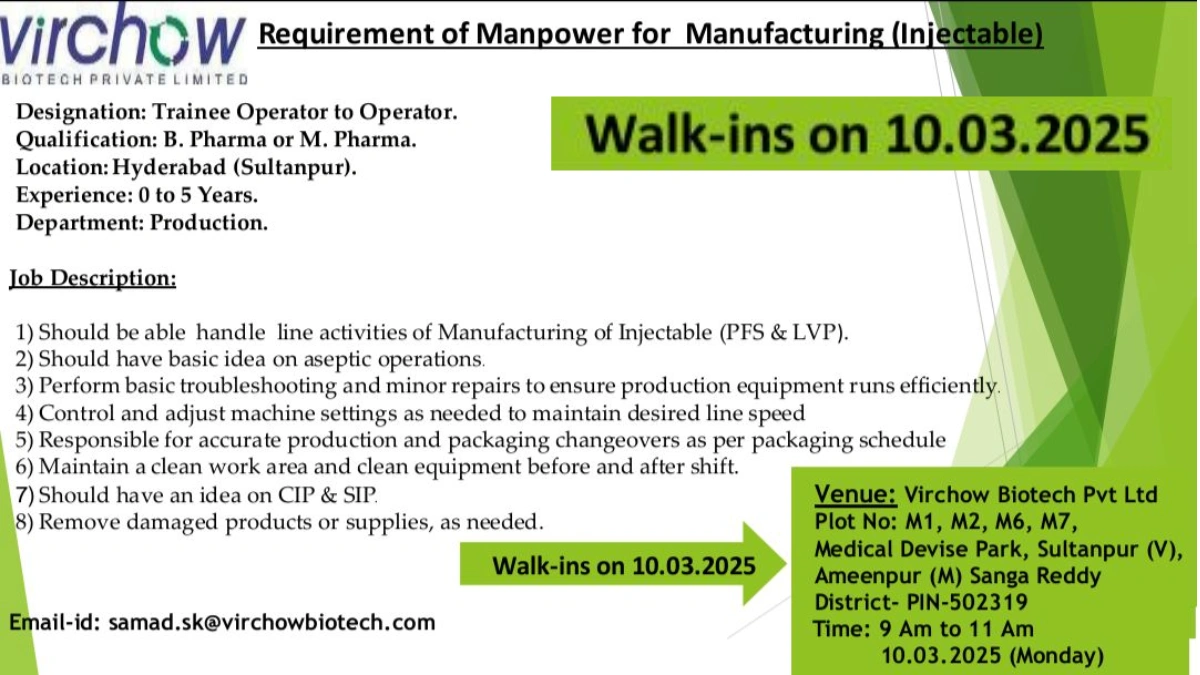 Virchow Biotech – Walk-In Drive for Trainee Operator to Operator Roles on March 10, 2025