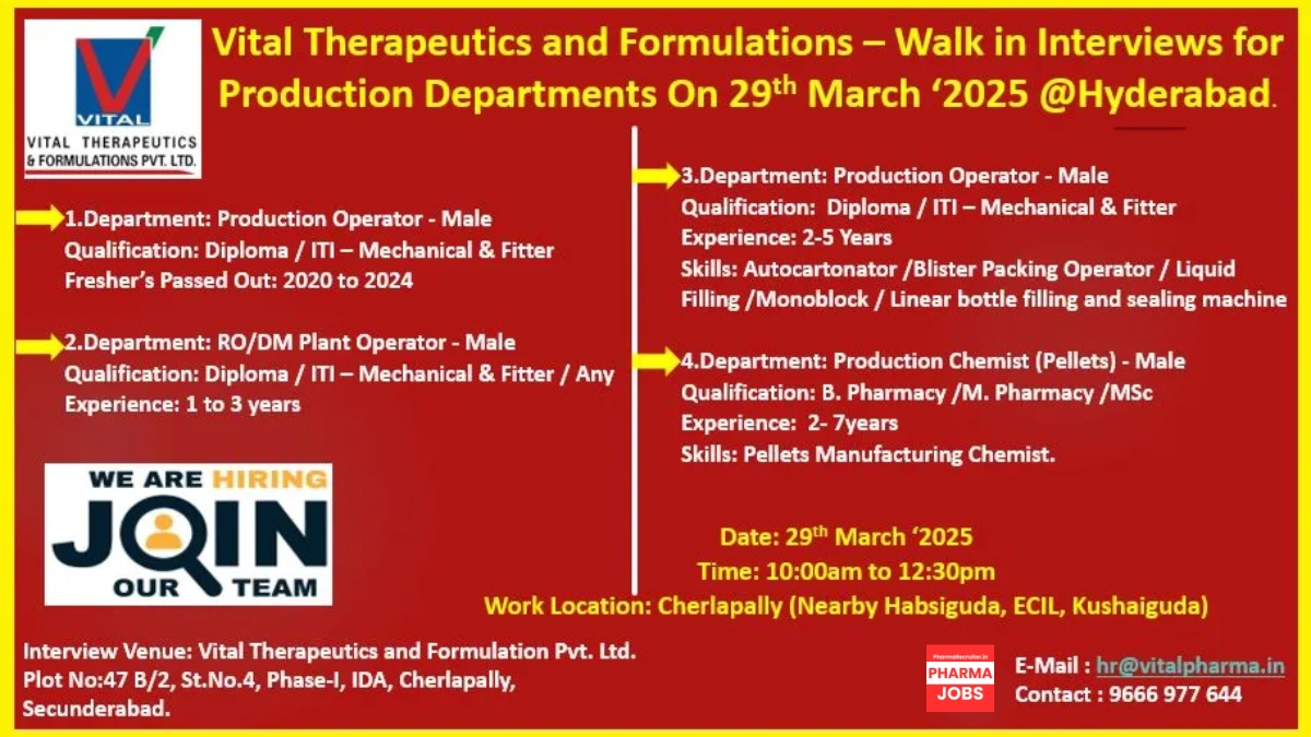 Vital Therapeutics – Walk-In Interviews for Freshers & Experienced in Production Roles