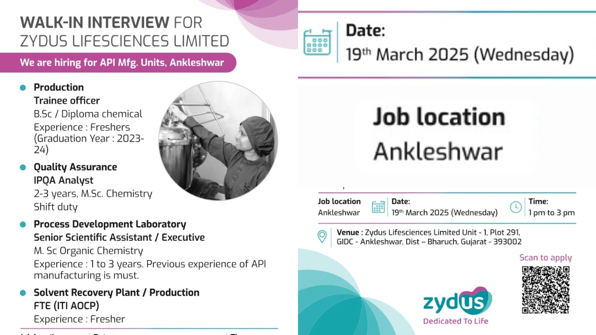 Zydus Lifesciences Limited Walk-In Interview for API Manufacturing