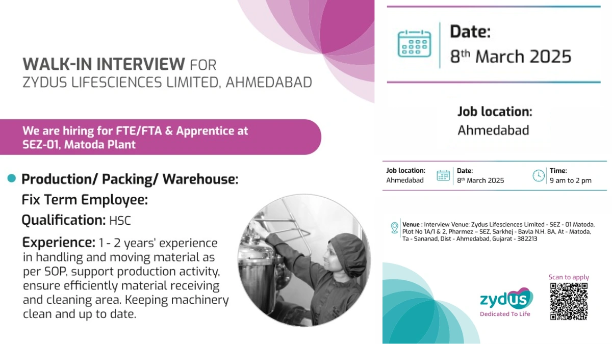 Zydus Lifesciences Limited Walk-In Interview for Apprentice in Ahmedabad