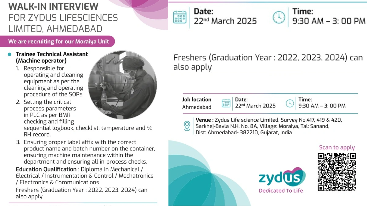 Zydus Lifesciences Limited – Walk-In Interview for Freshers in Ahmedabad (March 22, 2025)