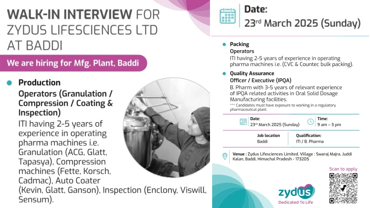 Zydus Lifesciences Ltd – Walk-In Interviews for Production, Packing, and QA Roles