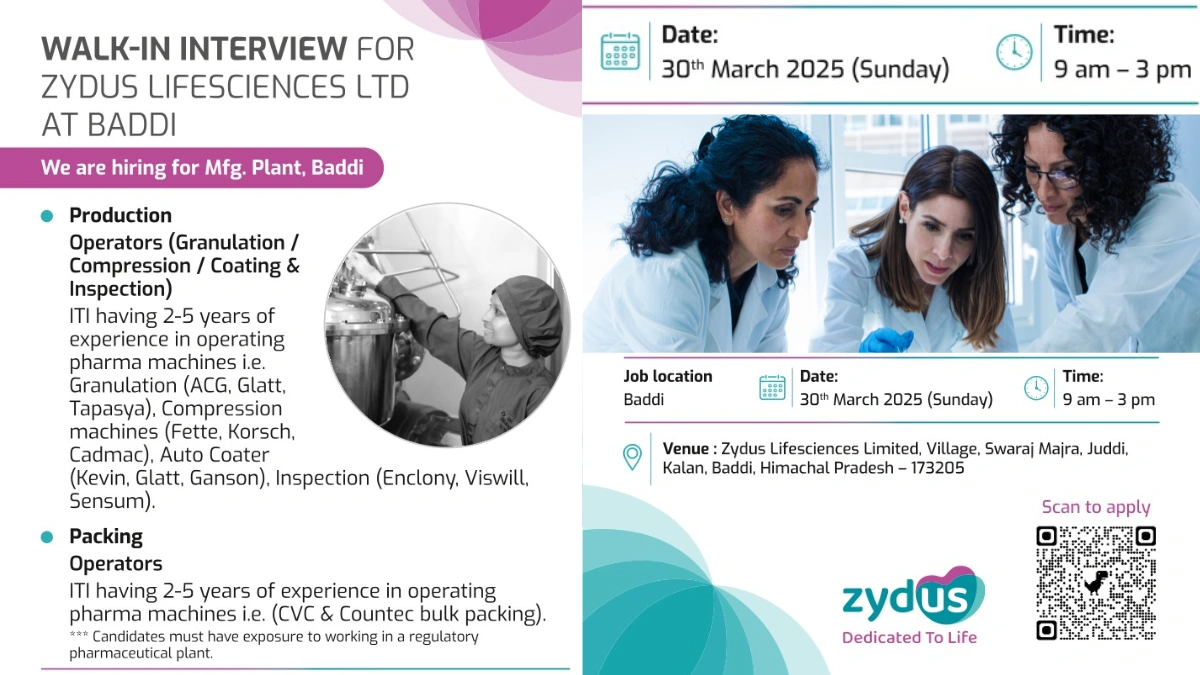 Zydus Lifesciences Ltd. Walk-In Interview for Production, Packing Department