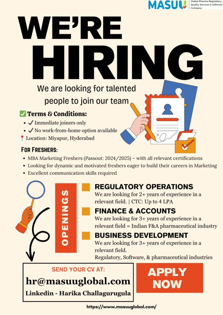 MASU Pharma Regulatory Services Job Openigs for Freshers - Hyderbad