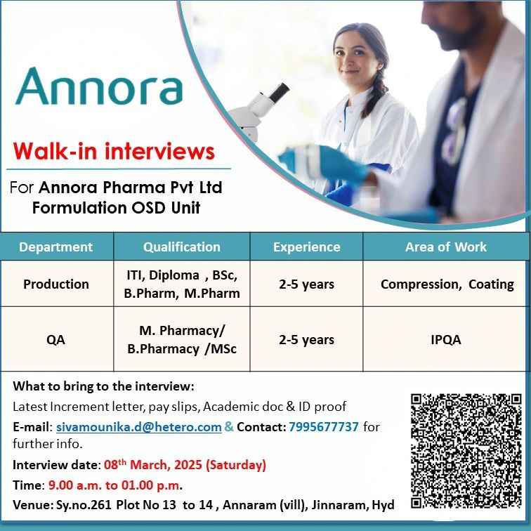 Annora Pharma Walk-In Interviews - Formulation OSD Unit in Hyderabad